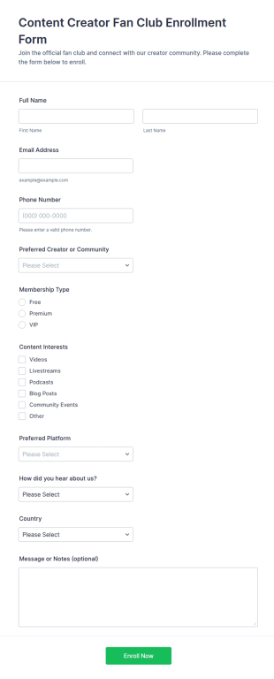 Content Creator Fan Club Enrollment Form Template