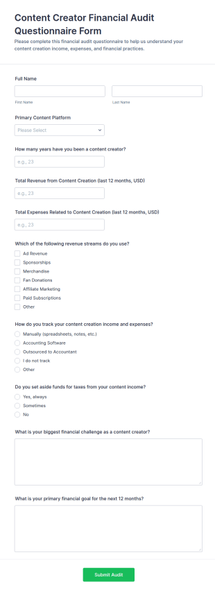 Content Creator Financial Audit Questionnaire Form Template
