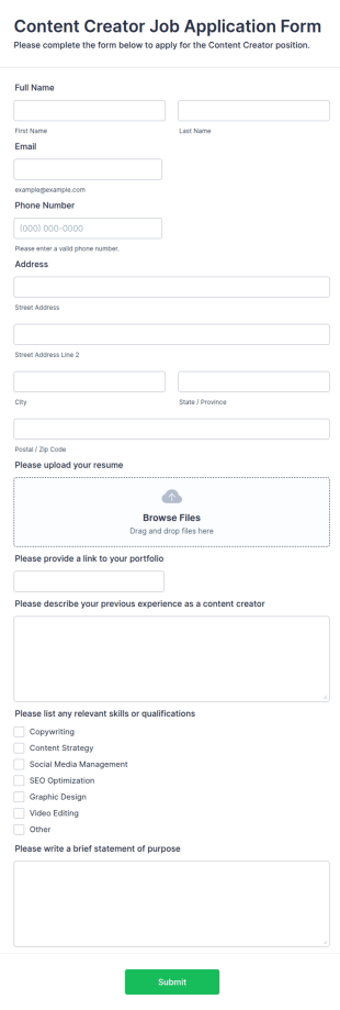Content Creator Job Application Form Template