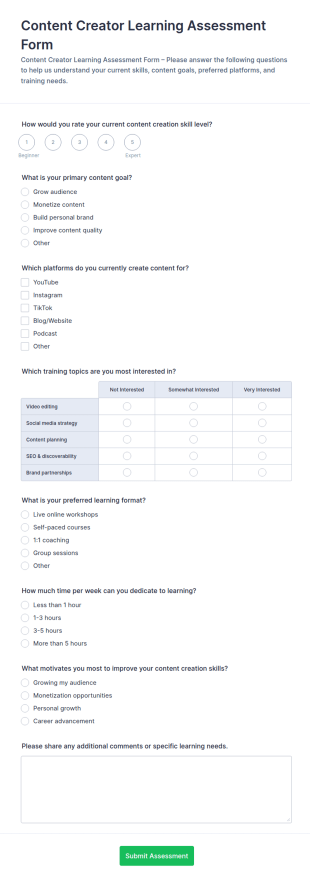 Content Creator Learning Assessment Form Template