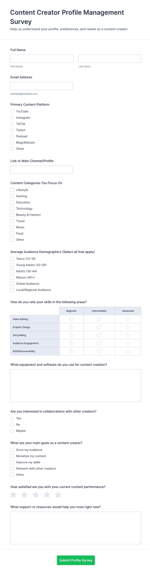 Content Creator Profile Management Survey Form Template