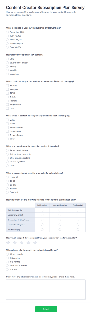 Content Creator Subscription Plan Survey Form Template