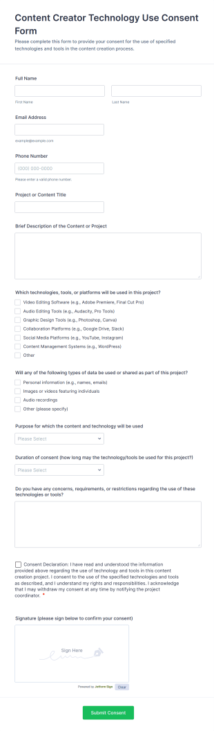 Content Creator Technology Use Consent Form Template