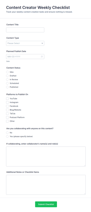Content Creator Weekly Checklist Form Template