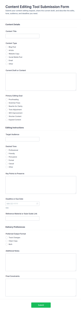 Content Editing Tool Submission Form Template