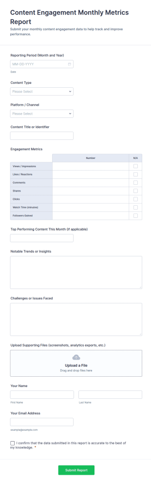 Content Engagement Monthly Metrics Report Form Template