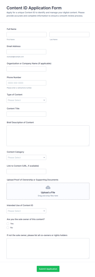 Content ID Application Form Template