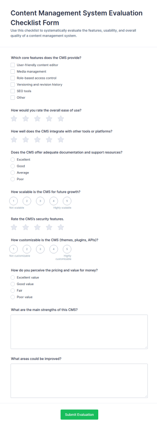 Content Management System Evaluation Checklist Form Template