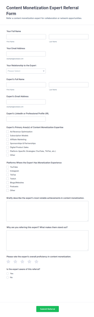 Content Monetization Expert Referral Form Template