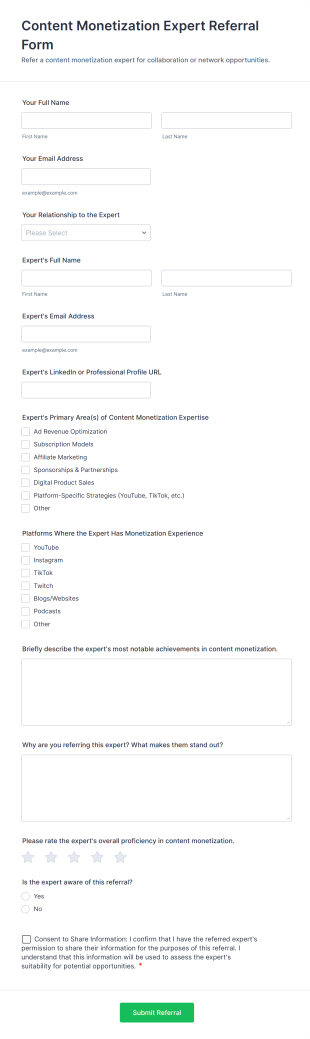 Content Monetization Expert Referral Form Template