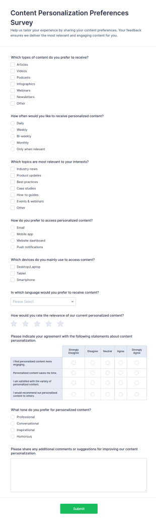 Content Personalization Preferences Survey Form Template