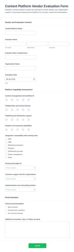 Content Platform Vendor Evaluation Form Template