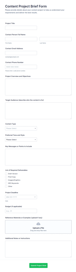 Content Project Brief Form Template