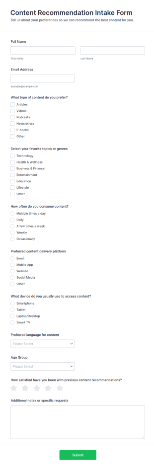 Content Recommendation Intake Form Template