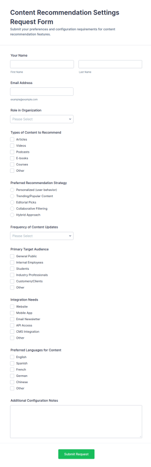 Content Recommendation Settings Request Form Template