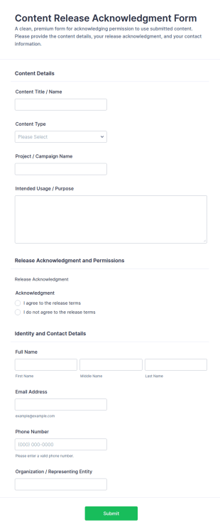 Content Release Acknowledgment Form Template