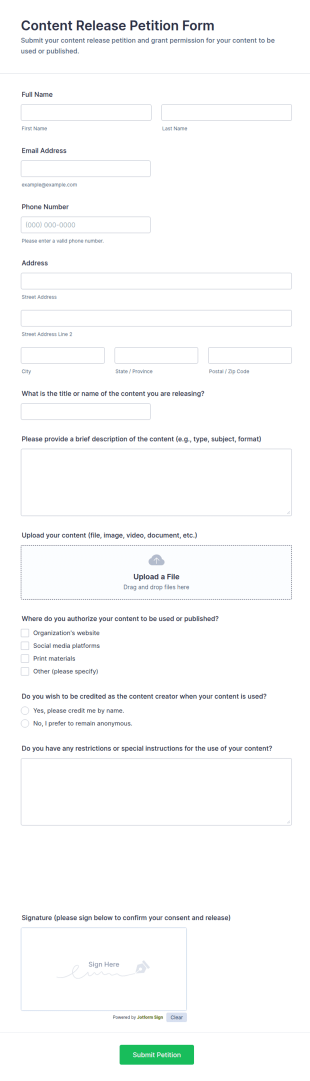 Content Release Petition Form Template