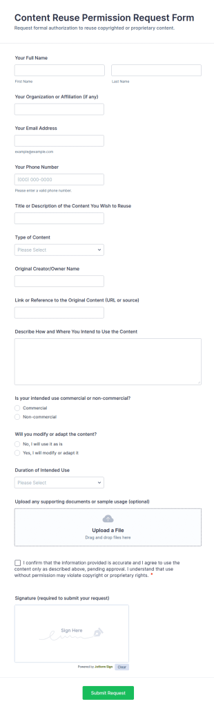 Content Reuse Permission Request Form Template