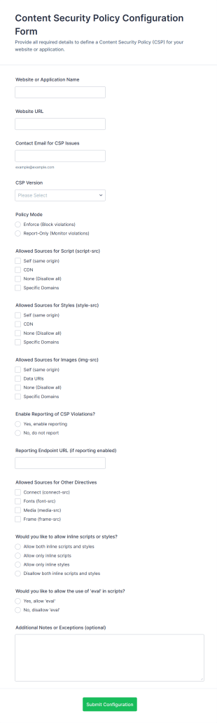 Content Security Policy Configuration Form Template