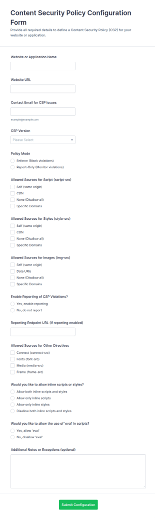 Content Security Policy Configuration Form Template