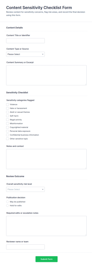 Content Sensitivity Checklist Form Template