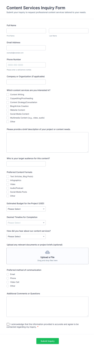 Content Services Inquiry Form Template