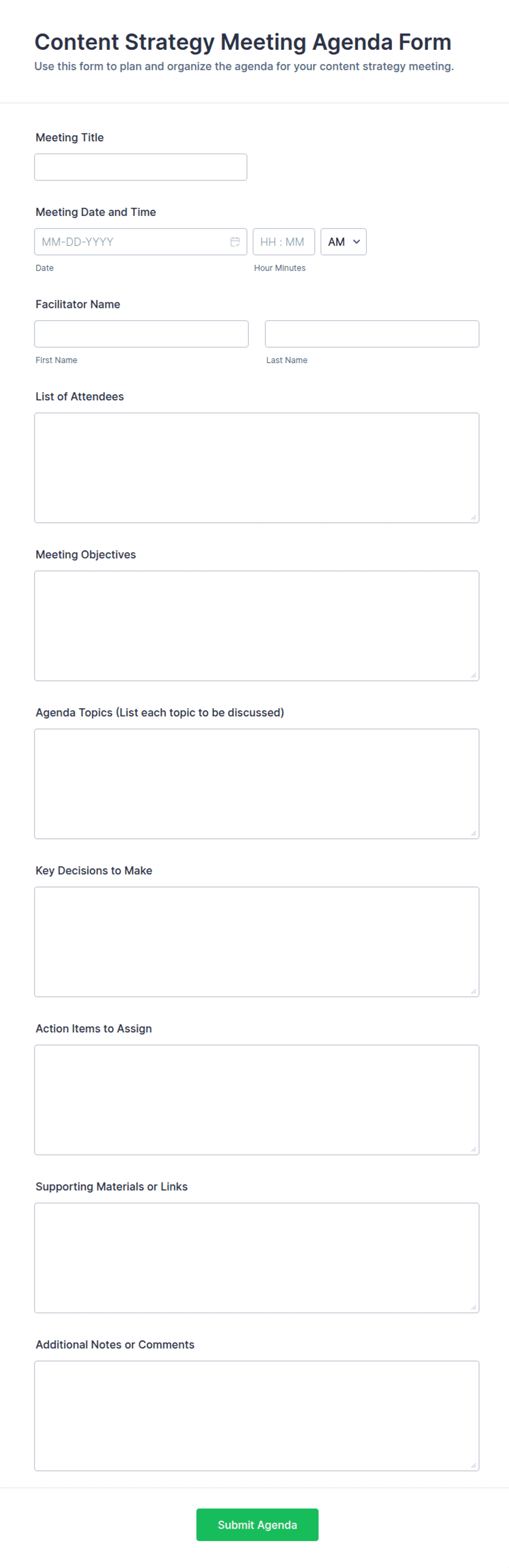 Content Strategy Meeting Agenda Form Template | Jotform
