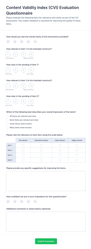 Content Validity Index (CVI) Evaluation Questionnaire Form Template
