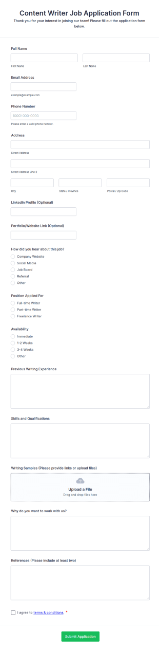 Content Writer Job Application Form Template