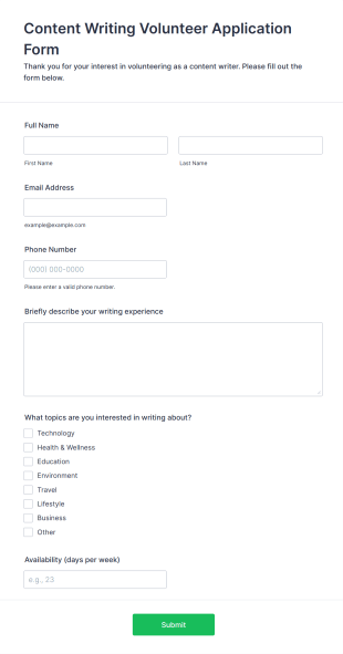 Content Writing Volunteer Application Form Form Template