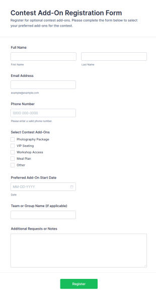 Contest Add On Registration Form Template