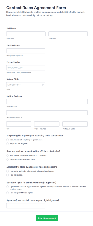 Contest Rules Agreement Form Template