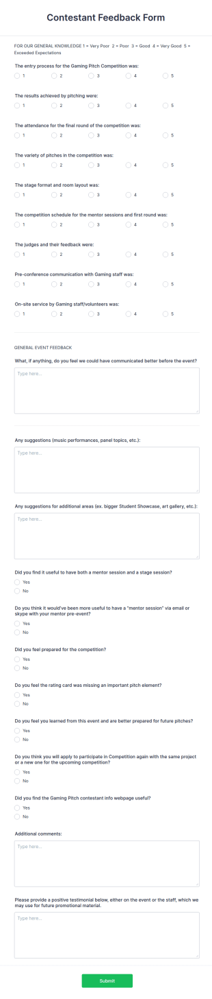 Contestant Feedback Form Template