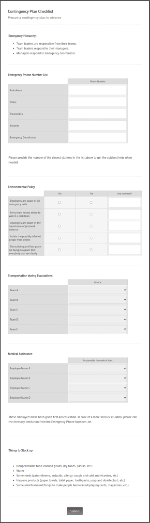 Contingency Plan Checklist Form Template