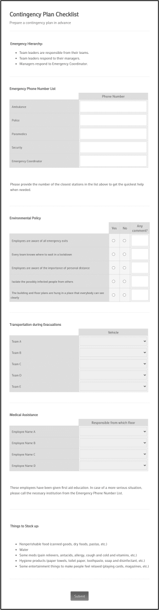 Contingency Plan Checklist Form Template