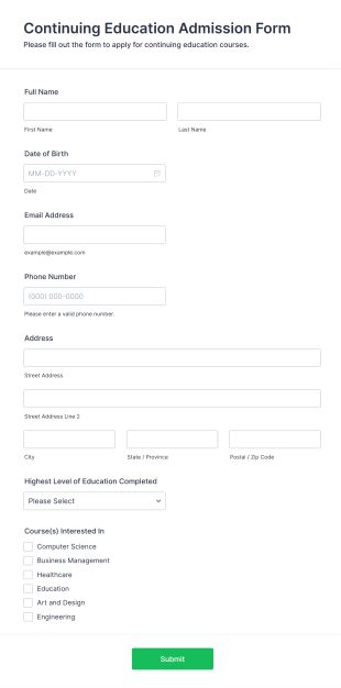 Continuing Education Admission Form Form Template