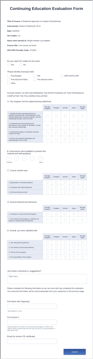 Continuing Education Evaluation Form Template