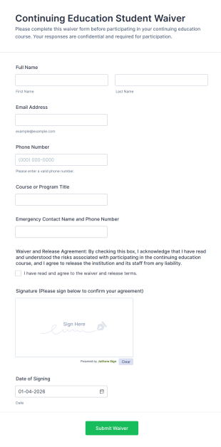 Continuing Education Student Waiver Form Template