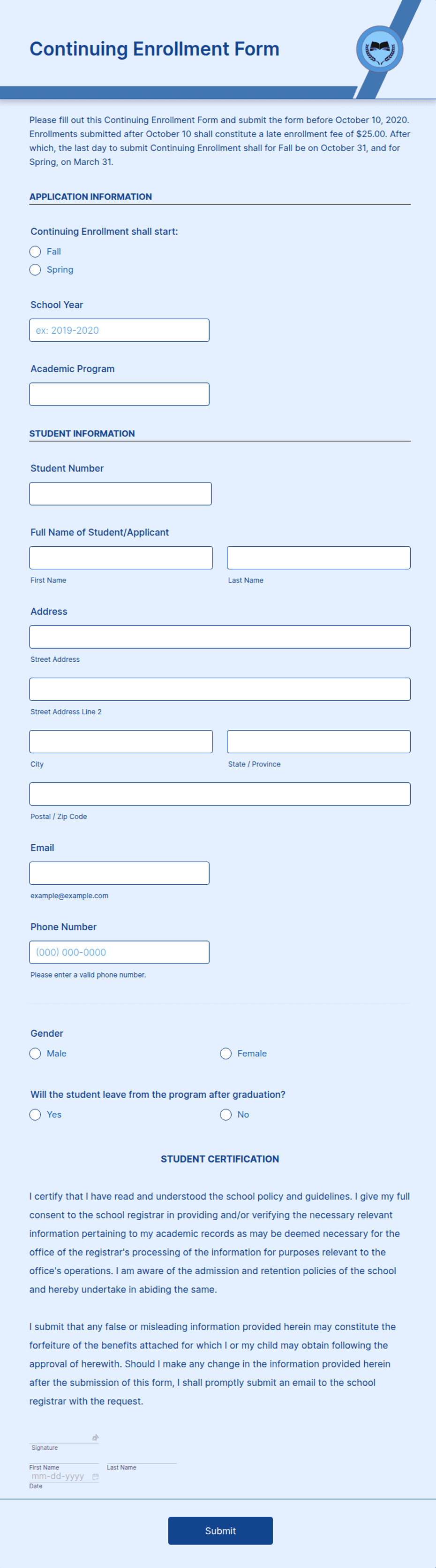 Updated Enrollment Form Continuing Enrollment Form Template | Jotform