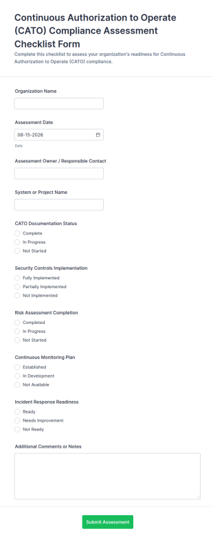 Continuous Authorization To Operate (CATO) Compliance Assessment Checklist Form Template