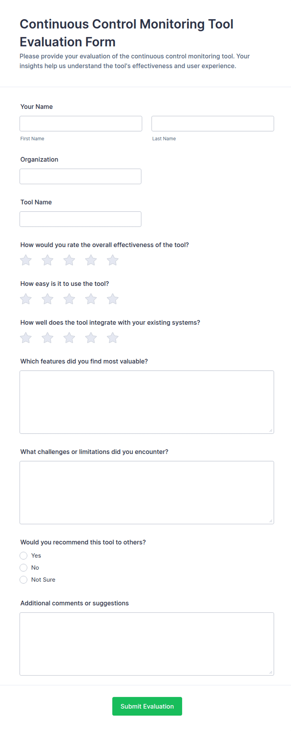 Continuous Control Monitoring Tool Evaluation Form Template | Jotform