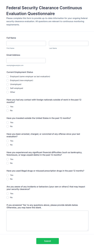 Continuous Evaluation Questionnaire Form Template