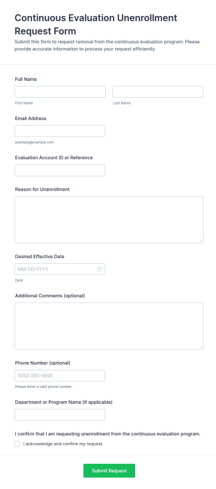 Continuous Evaluation Unenrollment Request Form Template