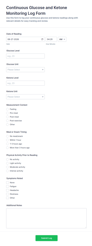 Continuous Glucose And Ketone Monitoring Log Form Template