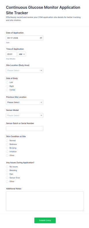 Continuous Glucose Monitor Application Site Tracker Form Template