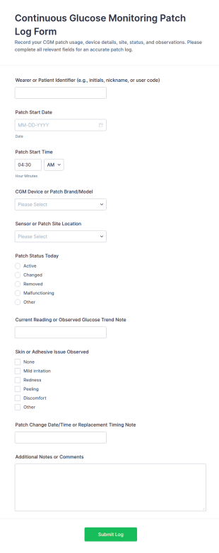 Continuous Glucose Monitoring Patch Log Form Template