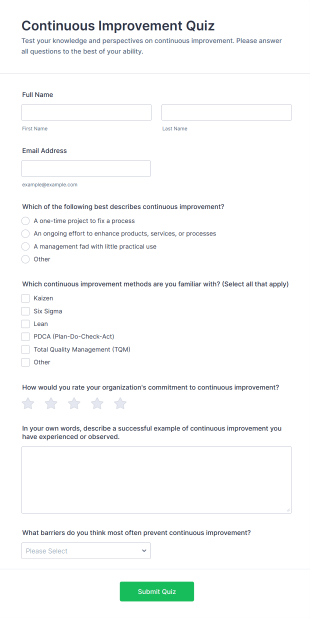 Continuous Improvement Quiz Form Template