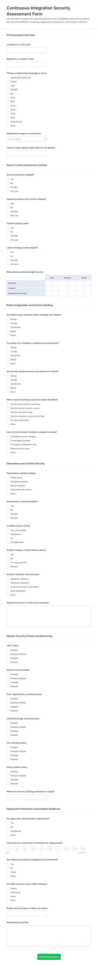 Continuous Integration Security Assessment Form Template