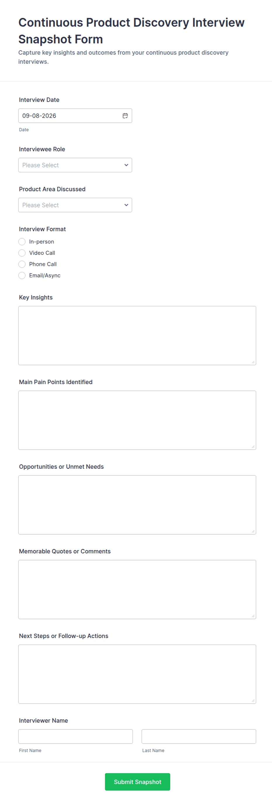 Continuous Product Discovery Interview Snapshot Form Template | Jotform