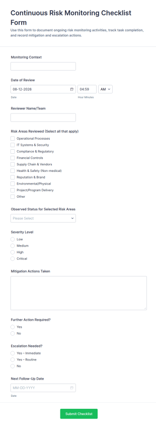 Continuous Risk Monitoring Checklist Form Template
